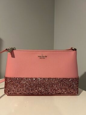 Kate Spade Greta Court Ramey Saffiano Pink Glitter Trim Crossbody Bag